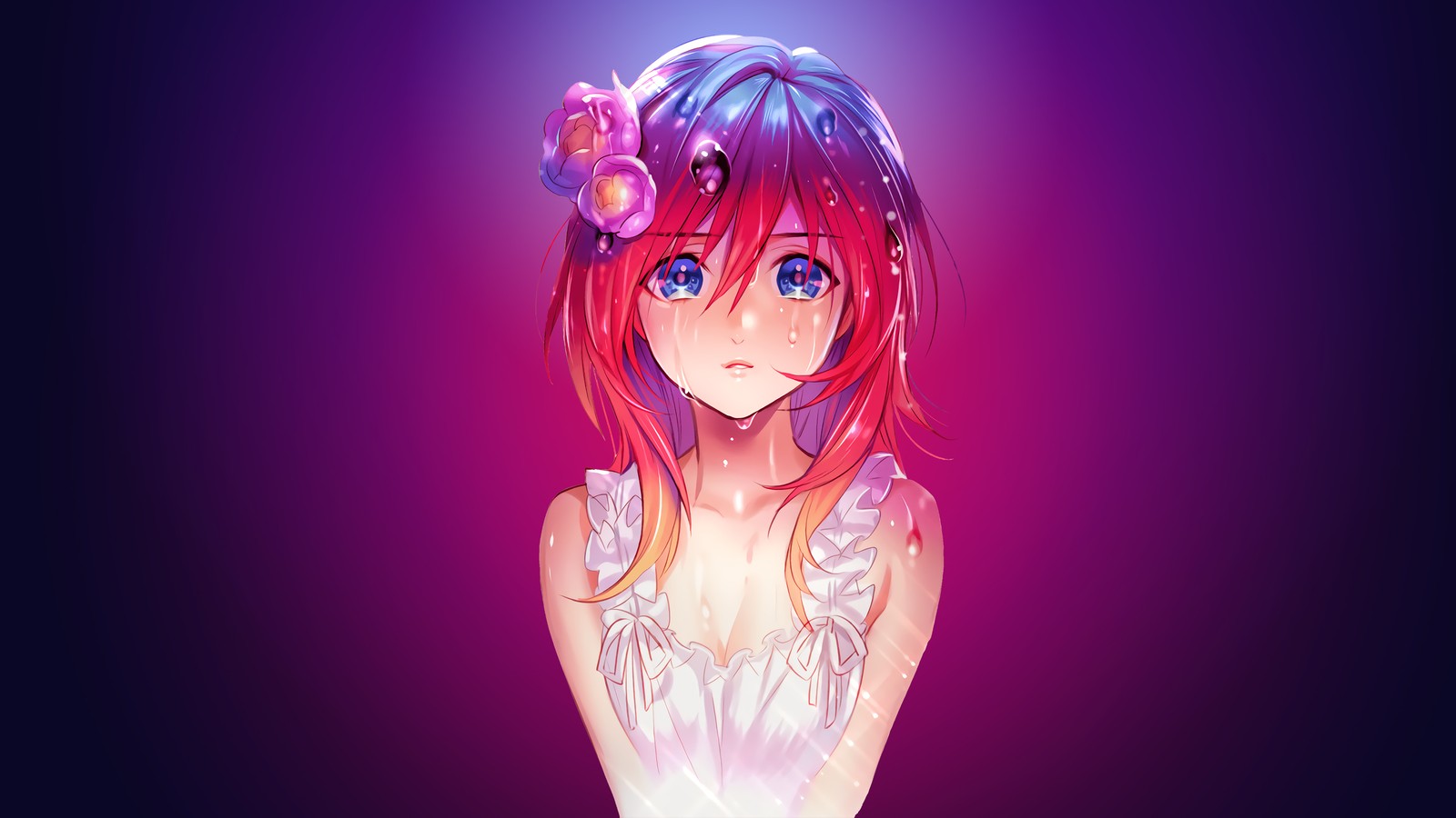 Chica de anime con cabello rosa y ojos azules en un vestido blanco (chica de anime, triste, fondo rosa, chica triste, cara triste)