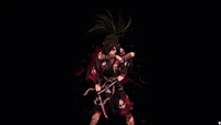 Hyakkimaru aus Dororo: ein wilder Samurai, der in Dunkelheit gehüllt ist, mit einem Katana vor dem Hintergrund von Blut und Kampf.