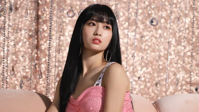 Hirai Momo from TWICE in a pink outfit against a sparkling backdrop.