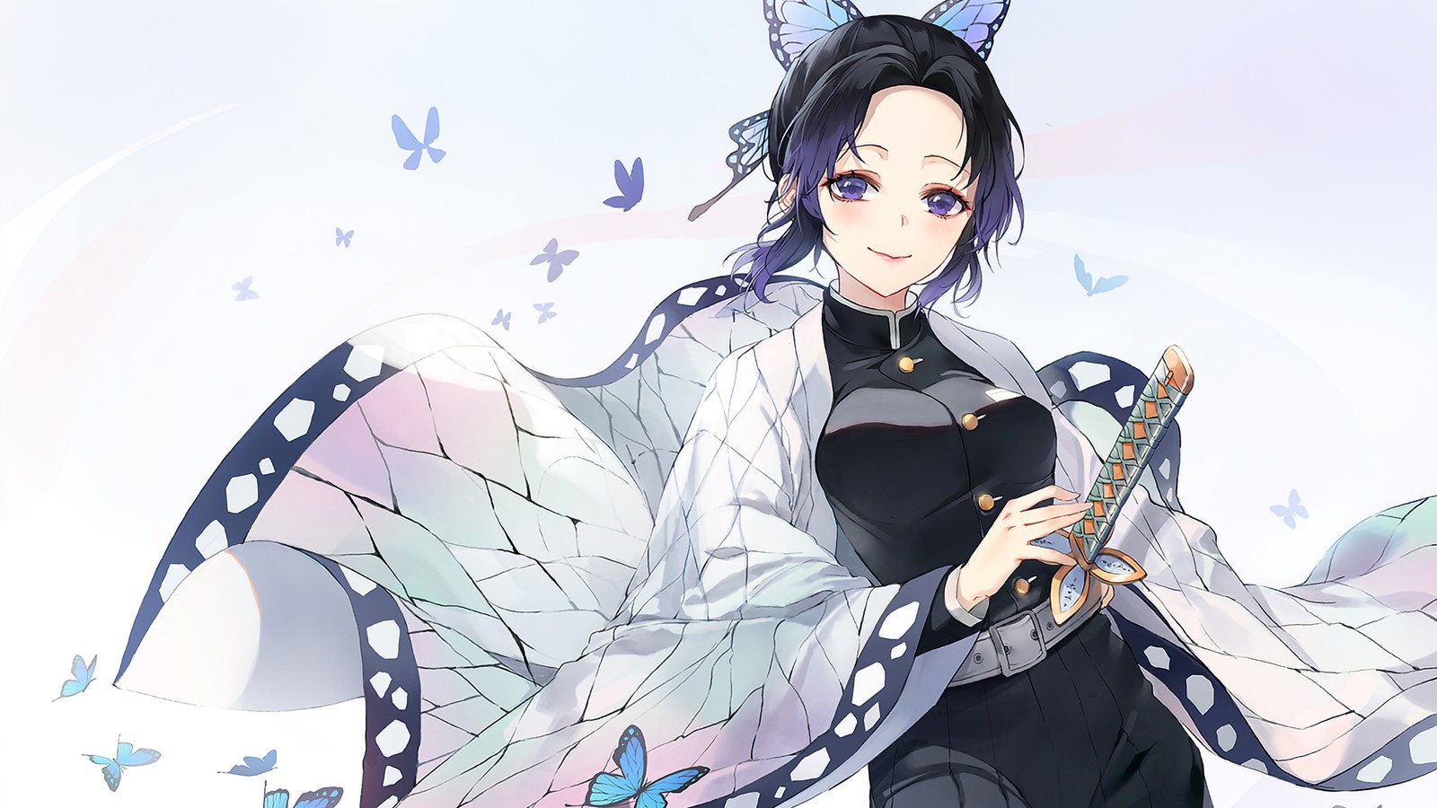 Anime, a woman in a black dress with butterfly wings and a butterfly tail (shinobu kocho, kochou, insect pillar, hashira, the pillars)