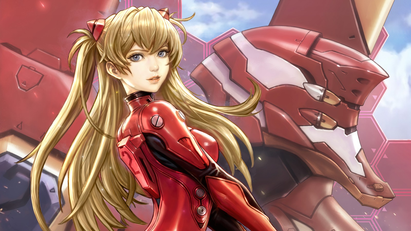 Gros plan d'une femme en costume rouge se tenant à côté d'un robot (evangelion, anime, asuka langley soryu, filles danime)