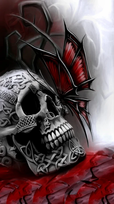 Metallic Skull with a Red Butterfly: A Fusion of Darkness and Beauty