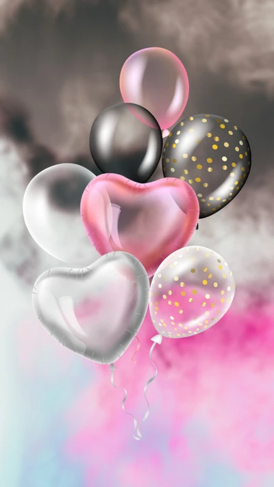 Colorful Heart Balloons Against a Soft Pink and Gray Sky