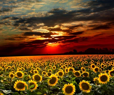 Sunset Over a Field of Sunflowers Under a Dramatic Sky