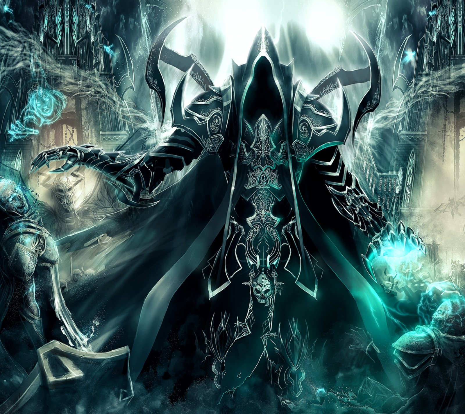 A man in a dark robe holding a sword and a glowing orb (diablo, diablo 3, diablo iii, malthael, reaper of souls)