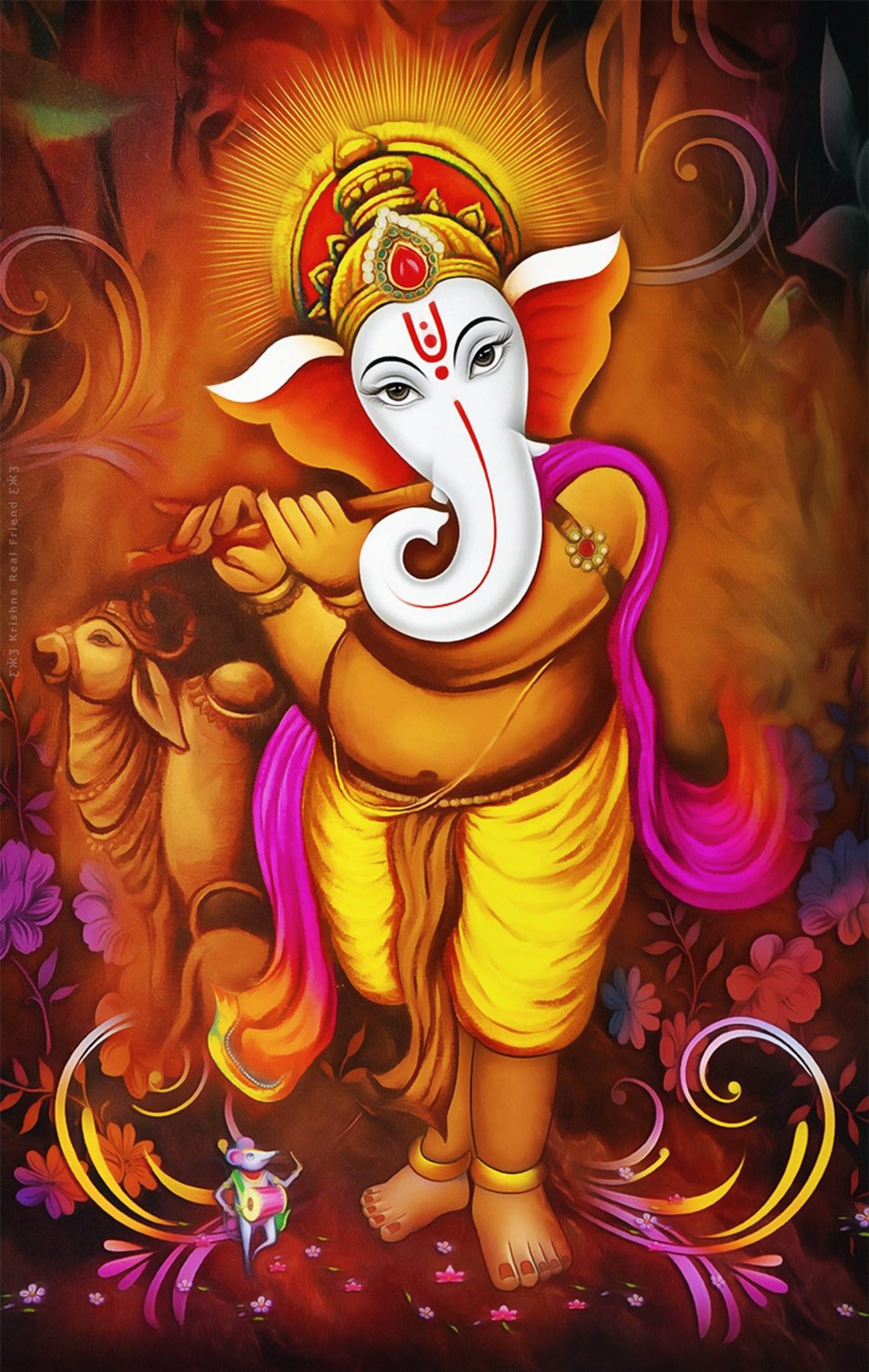 Pintura de um ganesh com uma vaca em um campo (deuses, senhor)