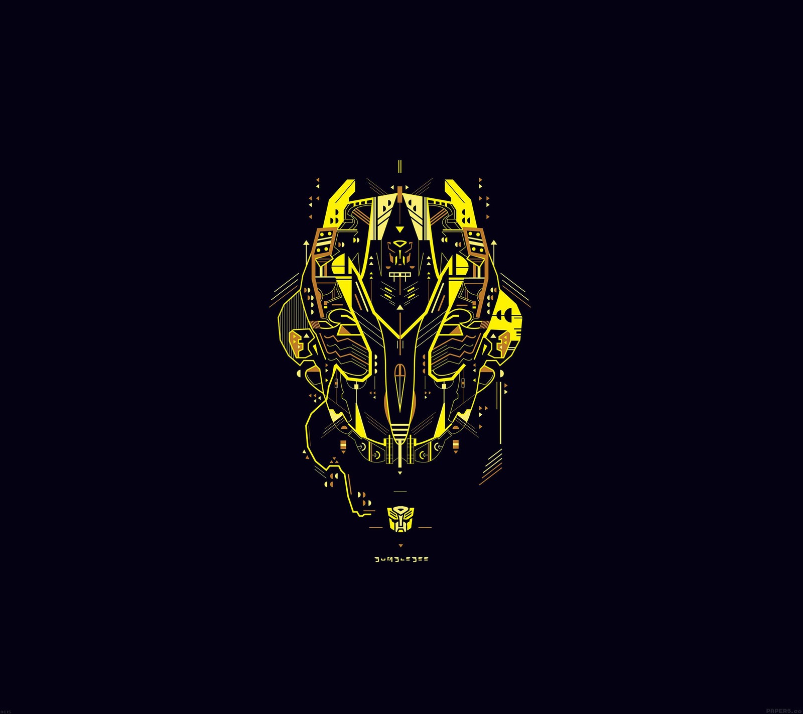 A close up of a black and yellow wallpaper with a robot (art, autobot, bee, bumble, hd)