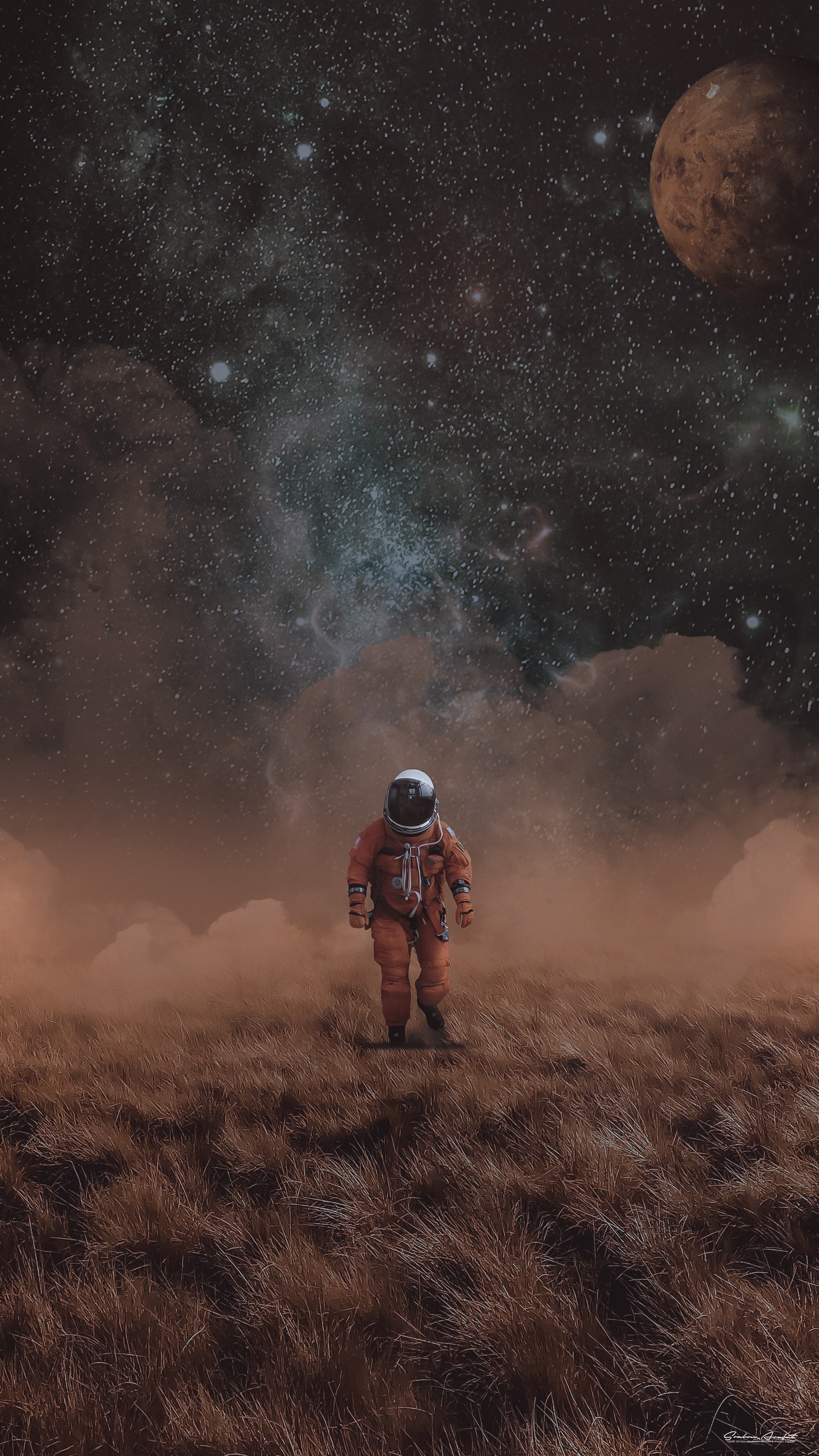 Astronaut, der auf einem feld mit einem planeten im hintergrund geht (mars, srabonsana, allein im raum, astronaut, galaxie)