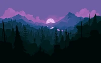 draw, land, mountains, nightfall, trees