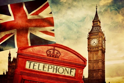 Ikonisches London: Big Ben und rote Telefonzelle vor der Union Jack