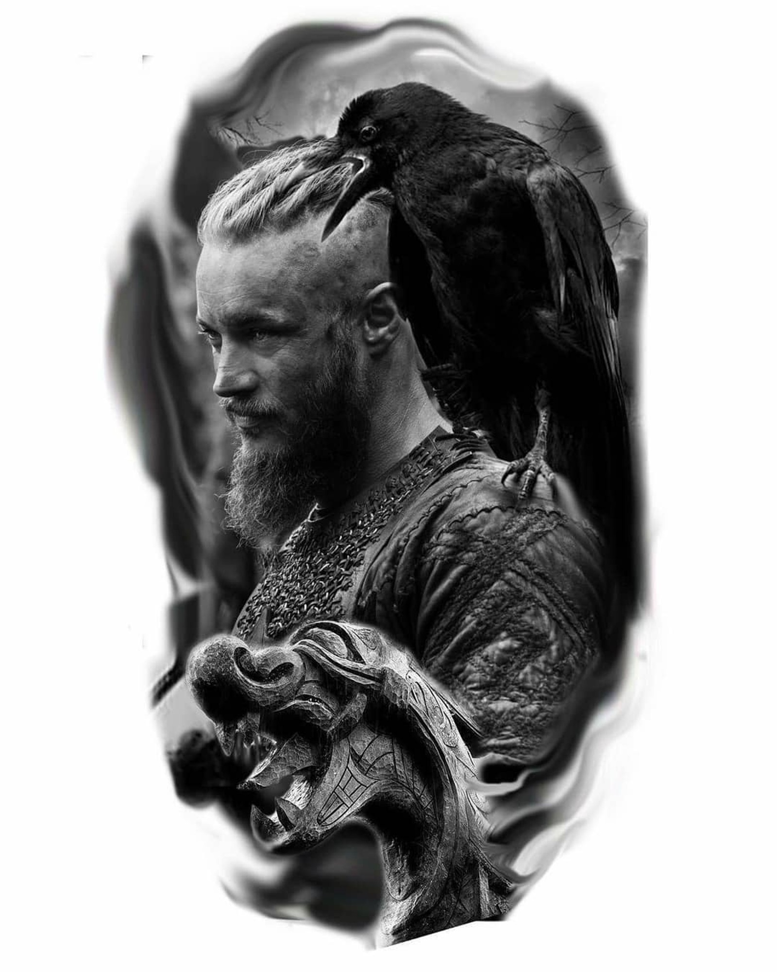 A close up of a man with a bird on his shoulder (vikings, warriors)