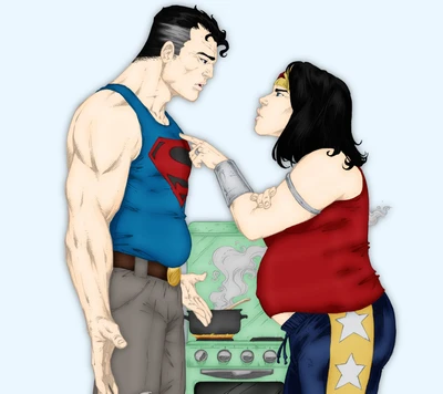 Super-heróis em uma disputa doméstica: Superman e Mulher Maravilha em um confronto na cozinha