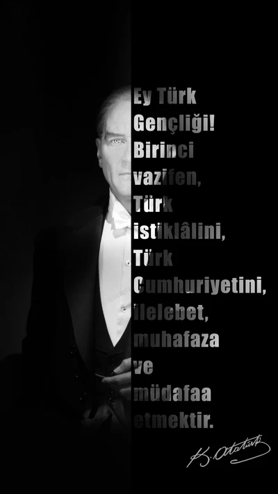 Atatürk's Call to Turkish Youth: A Black and White Inspirational Wallpaper