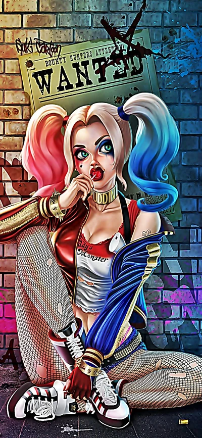 Harley Quinn: A anti-heroína travessa com um fundo de cartaz de "Procurado