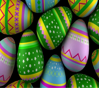 Colorful Easter eggs with vibrant patterns and designs set against a black background.