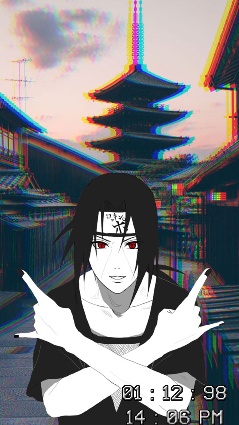 Аниме обои с парнем в очках и храмом на заднем плане (акатсуки, akatsuki, itachi uchiha)