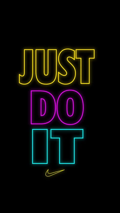 Logo de Nike en neón vibrante con 'Just Do It' sobre fondo negro