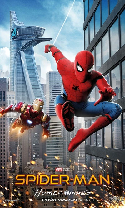 Spider-Man and Iron Man in a dynamic city scene from "Spider-Man: Homecoming