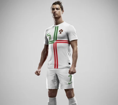 Cristiano Ronaldo dans le maillot de l'équipe nationale du Portugal, avec un design audacieux aux accents verts et rouges.