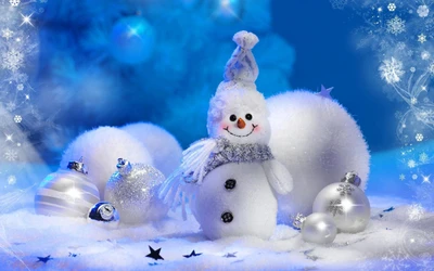 Whimsical Snowman Surrounded by Silver Christmas Ornaments