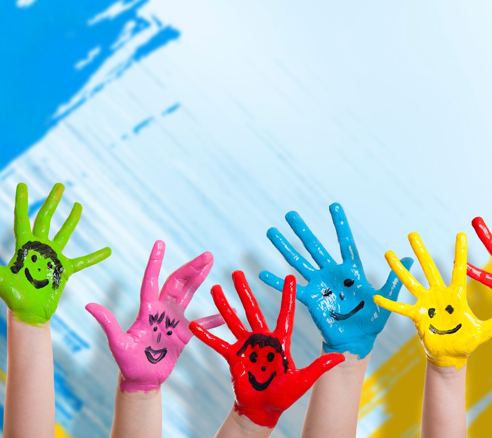 Several children's hands painted with different colors of paint (color, hand, paint, smile)