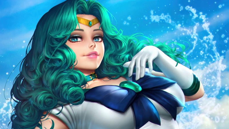 Женщина с зелеными волосами и синей лентой позирует (sailor neptune, сейлор мун, sailor moon, аниме девочки, аниме)