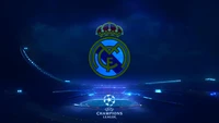 Logo von Real Madrid CF im UEFA Champions League Setting mit Stadionhintergrund