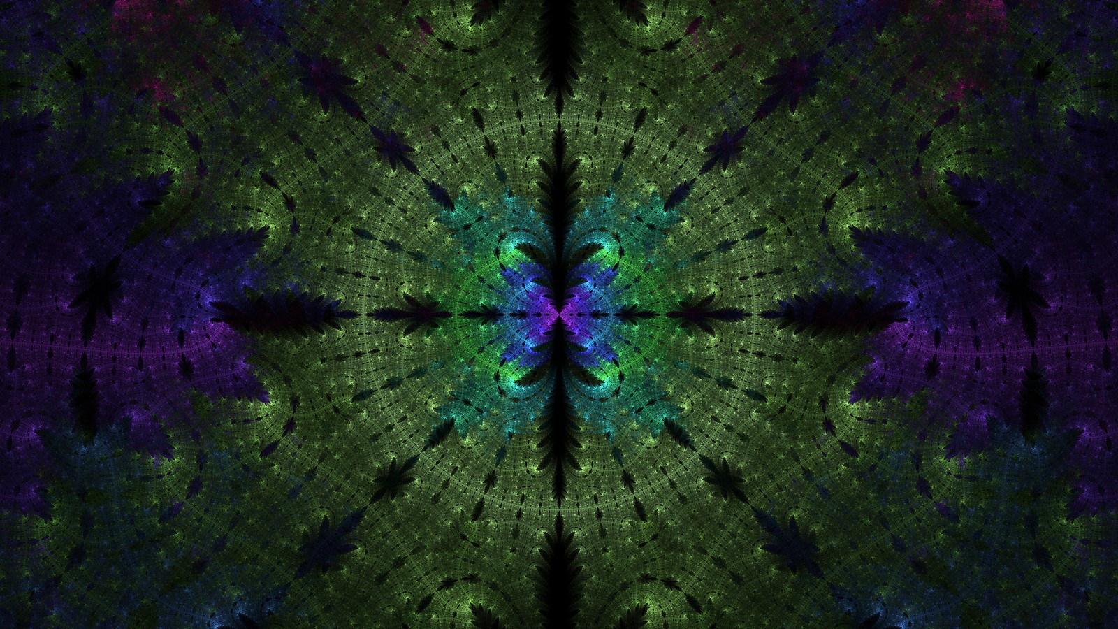 A green and purple kalei pattern with a black background (fractal, symmetry, green, purple, fractal art)