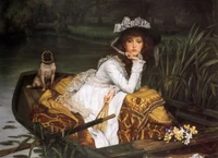 Elegant Woman in a Boat with a Pug, Captured in Oil Painting