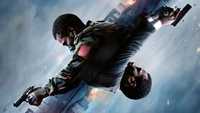 Affiche du film Tenet avec John David Washington dans une scène d'action à double perspective