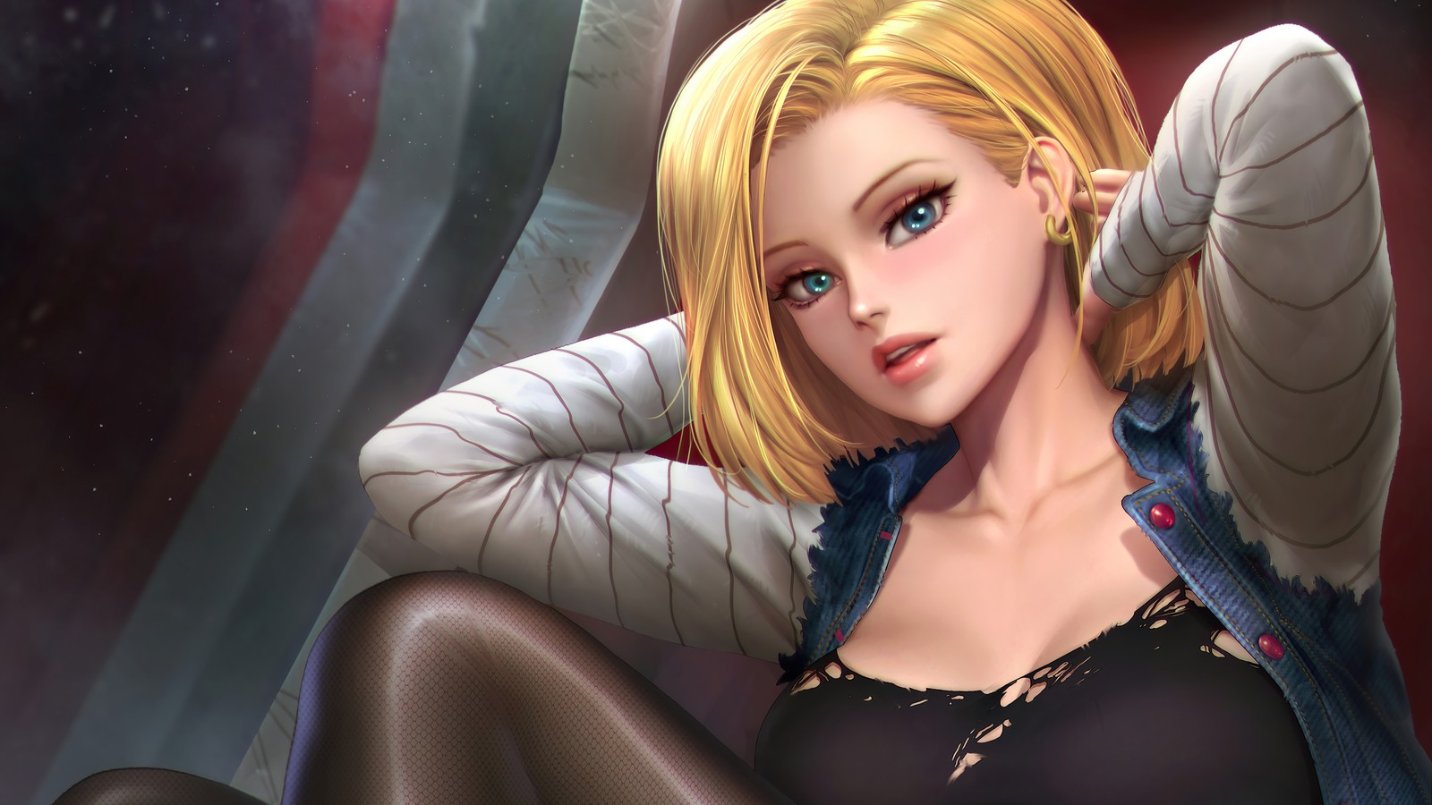 A woman with blonde hair and blue eyes sitting on a chair (android, 18, dragon ball z, anime, dragon ball)