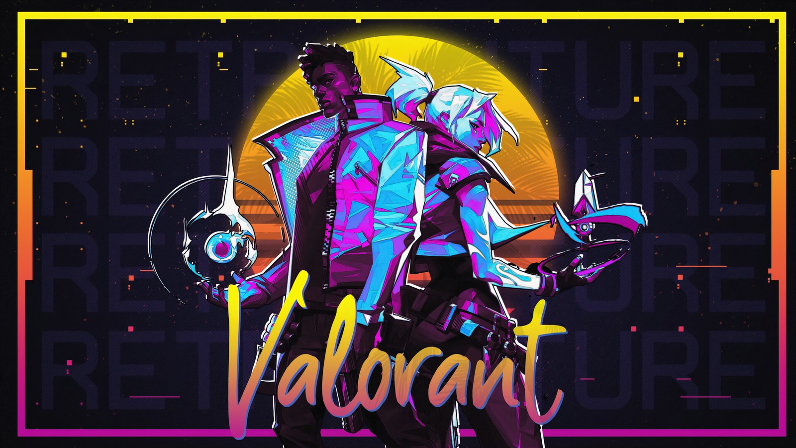 Un hombre en un traje y casco sosteniendo una espada y un casco con la palabra 'valor' (valorant, videojuego, fénix, jett, synthwave)