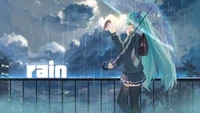 Hatsune Miku, die in den regnerischen Himmel mit einem Regenschirm schaut