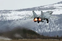 Avion de chasse Mikoyan MiG-29 décollant dans un paysage enneigé