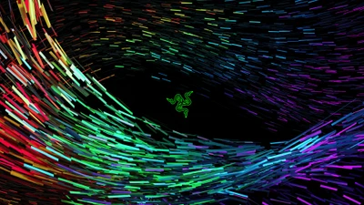 Art numérique abstrait avec le logo Razer dans un flux coloré