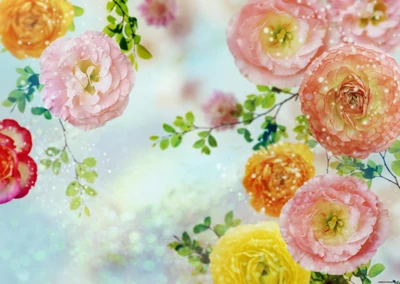 Composição floral delicada em aquarela com rosas rosas e pêssegos