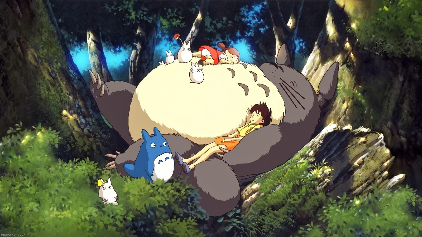 Un gros plan d'un personnage de dessin animé allongé sur un animal géant (mon voisin totoro, anime, personnage, dormant)