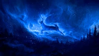 Silhouette d'un cerf sautant à travers une nébuleuse bleu électrique dans un ciel nocturne cosmique