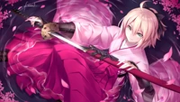 Fille d'anime élégante avec katana entourée de pétales de cerisier