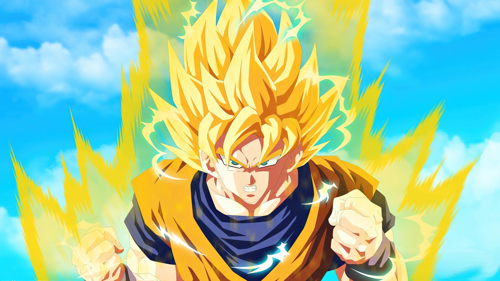 Una imagen de dibujos animados de un joven gohan volando por el cielo (super saiyan goku, dragon ball z, 5k, anime, fondo de pantalla 4k)