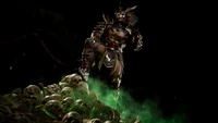 Shao Kahn domine dans Mortal Kombat 11 au sommet d'une pile de crânes