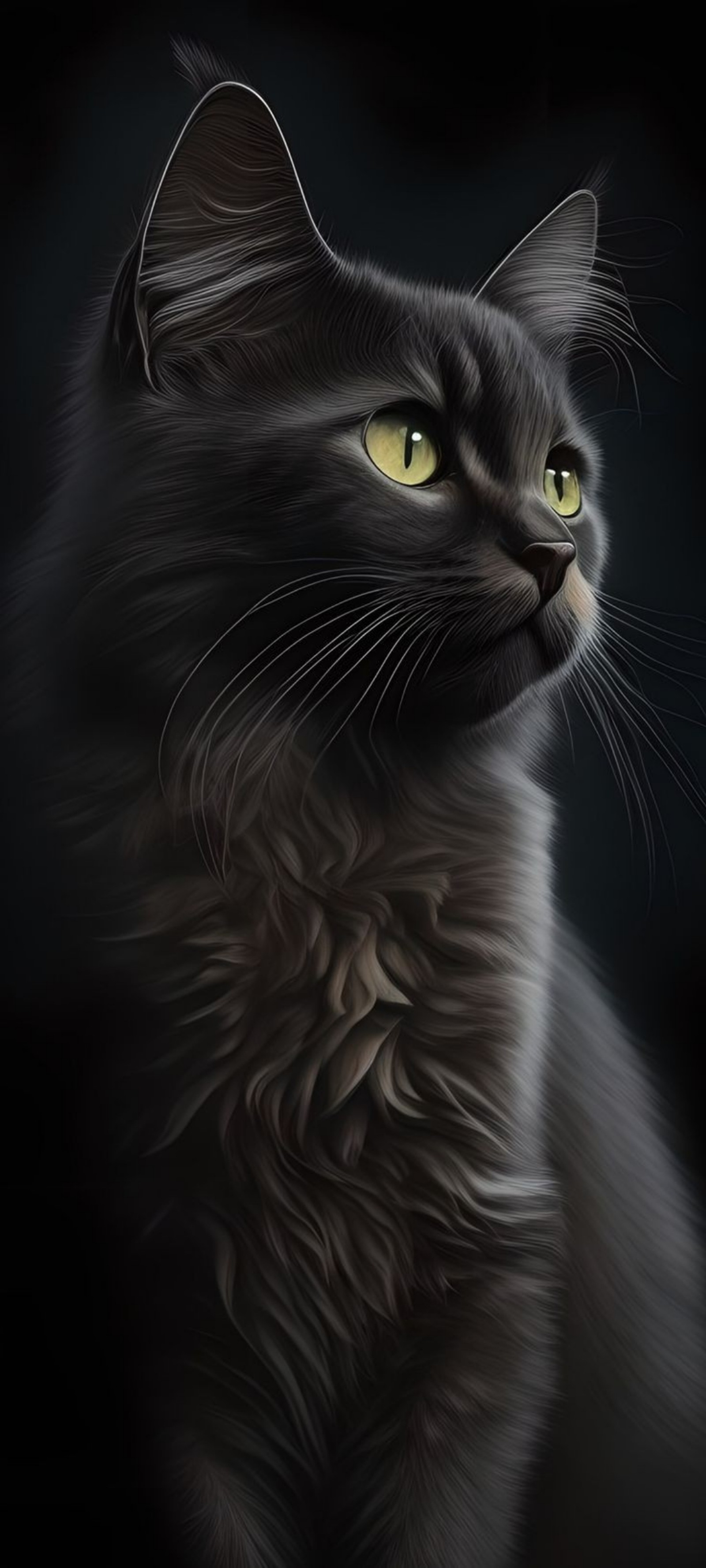 Painting of a black cat with yellow eyes looking up (cat, black cat, kitten, whiskers, eye)