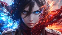 Mikasa Ackerman: Uma deslumbrante dualidade de luz e escuridão em Attack on Titan arte de IA