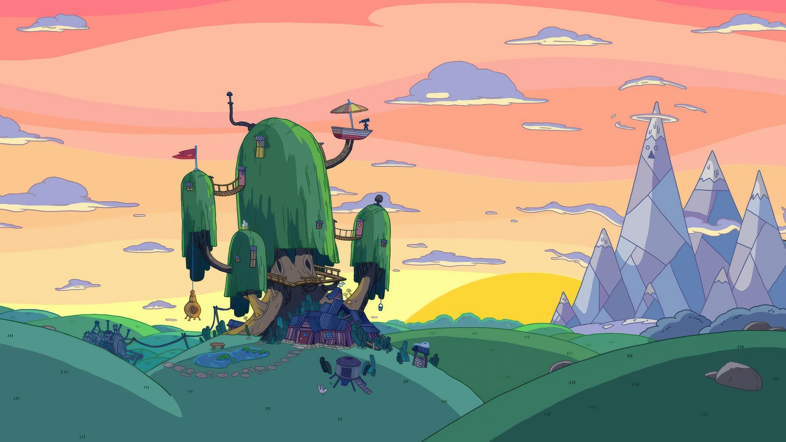 adventure time, tv series, cartoon, tree house, sunset wallpaper