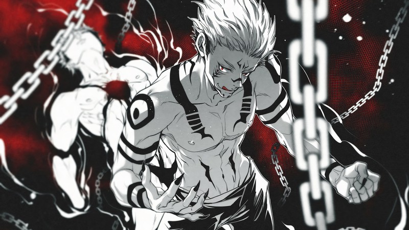 Крупный план человека с цепью на шее (сукуна, sukuna, yuji itadori, jujutsu kaisen, аниме)