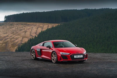 2022 Audi R8 V10 Performance RWD: Carro esportivo vermelho impressionante contra um fundo cênico