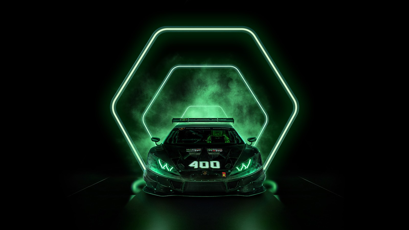 Un coche con una luz verde neón en el capó (lamborghini huracán squadra corse, fondo oscuro, amoled, 2021, estética oscura)