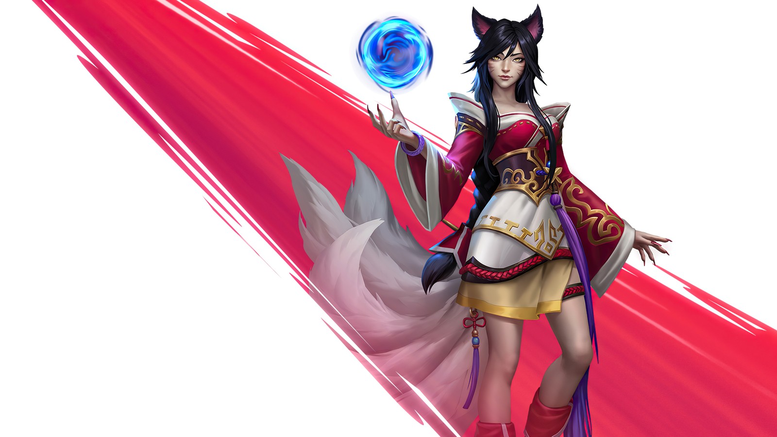 Une femme en robe rouge tenant un ballon bleu (ahri, lol wild rift, league of legends, lol, jeu vidéo)