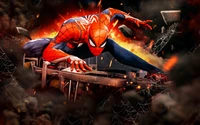 Spider-Man in Aktion, springend durch einen dynamischen Explosionshintergrund, der das Wesen eines aufregenden Videospielabenteuers verkörpert.