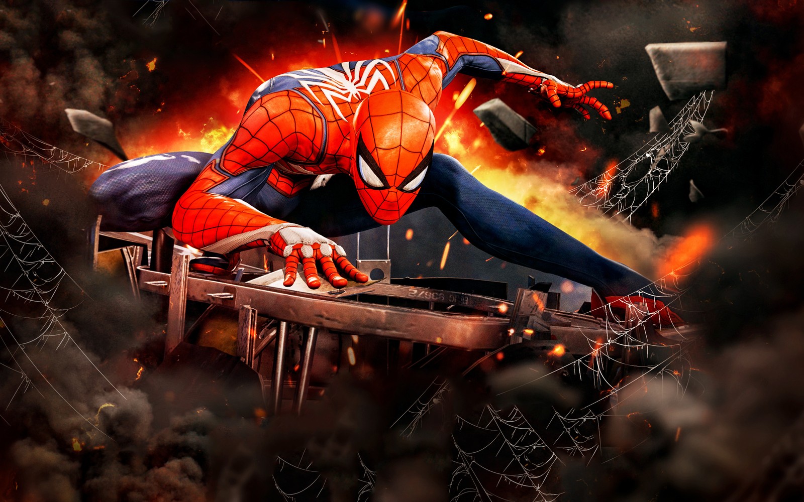 Spider - man in a fire suit is flying over a bridge (spider man, superhero, pc game, movie, games)